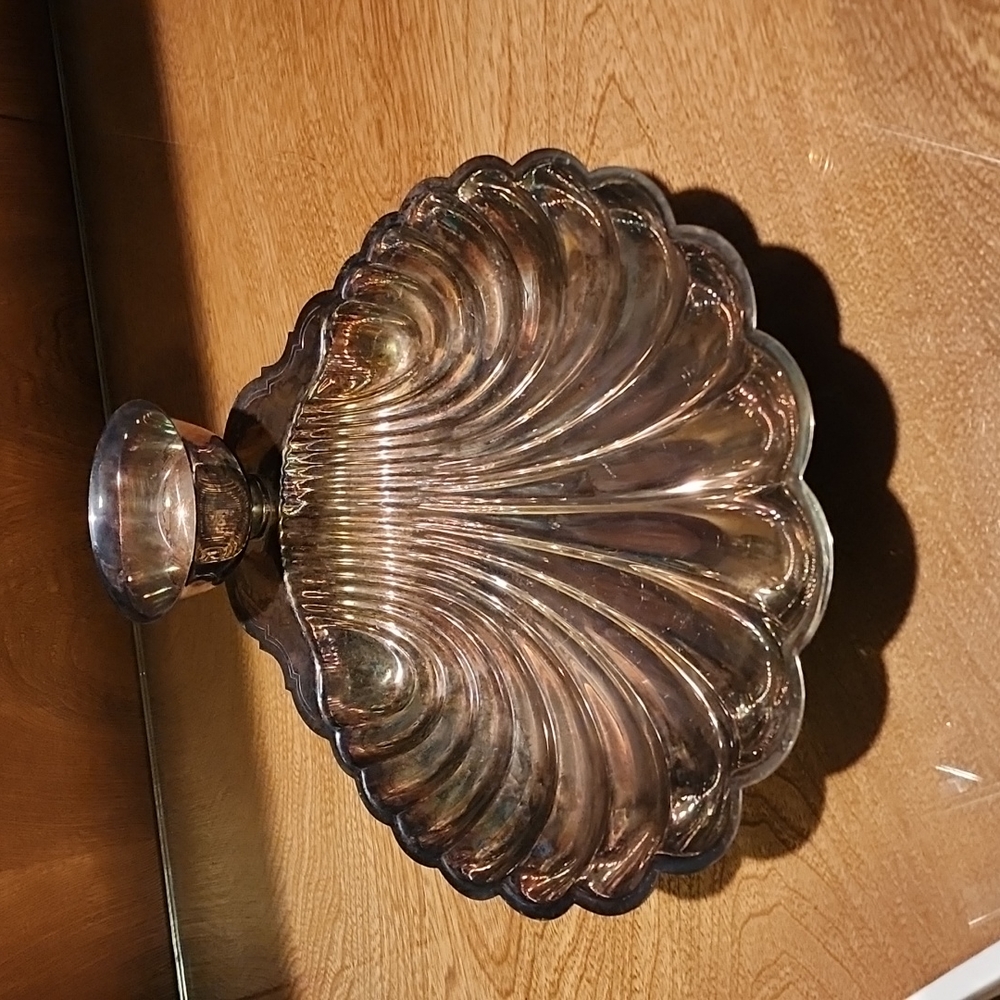 Large Silver Seashell Shrimp Serving Tray with Dip Cup, Vintage Wm Roger